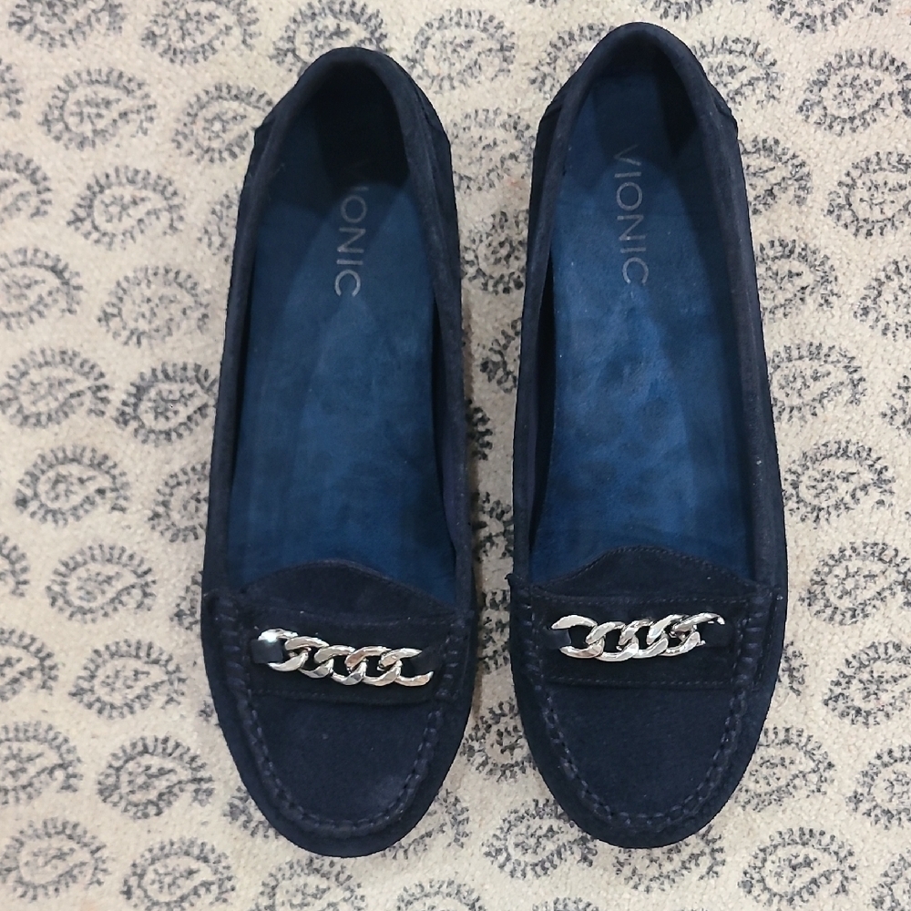 Vionic Navy Loafers with Silver Chain Accent - Picture 2 of 7